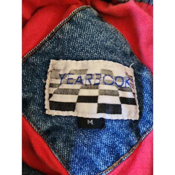 Vintage 80s Yearbook Denim Jacket Oversized Utility‎ Pockets Red Lined Medium - Picture 9 of 12